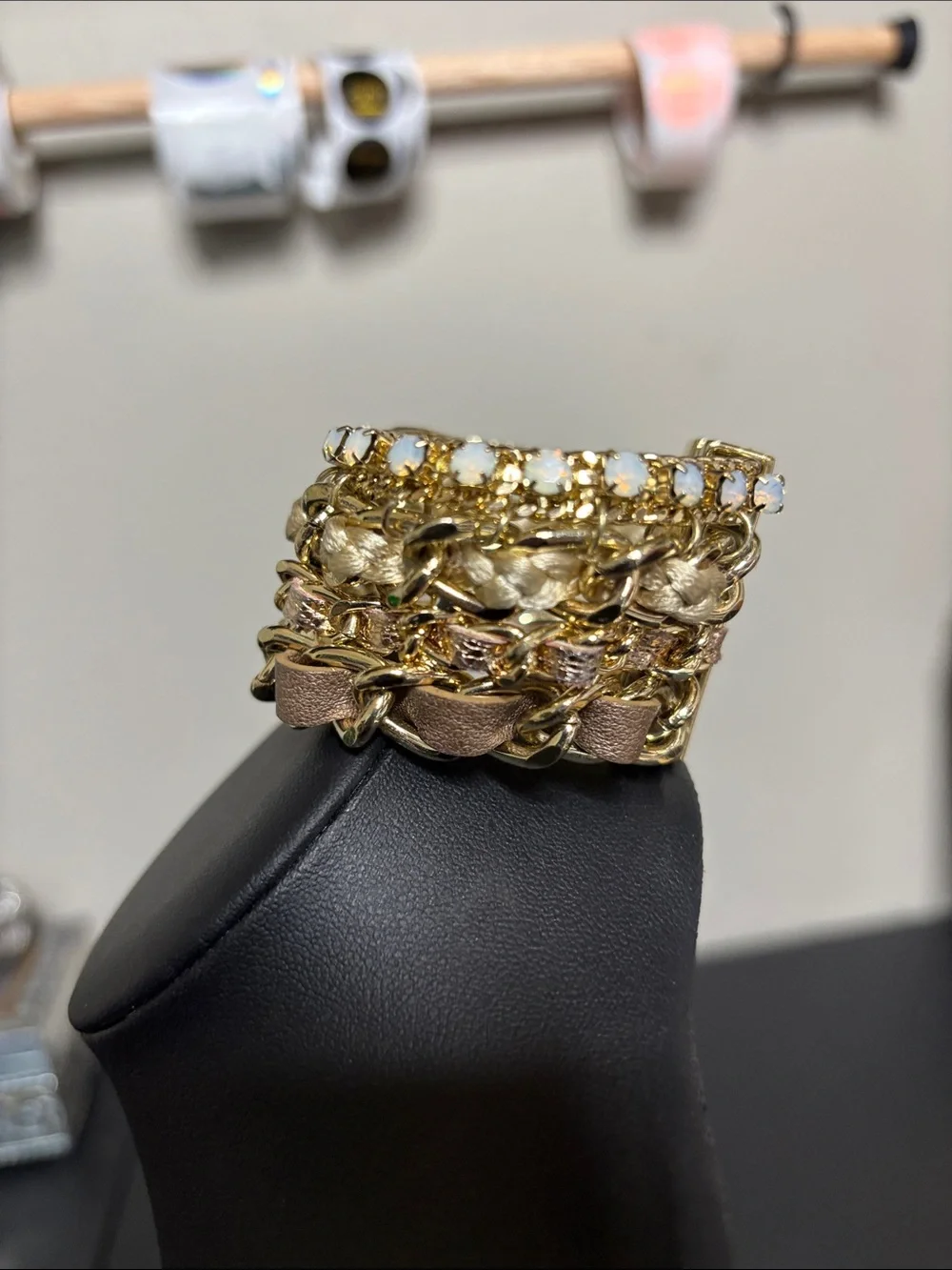 Multilayer Mixed Media Gold Tone Rhinestone Chain Leather Wrap Bracelet